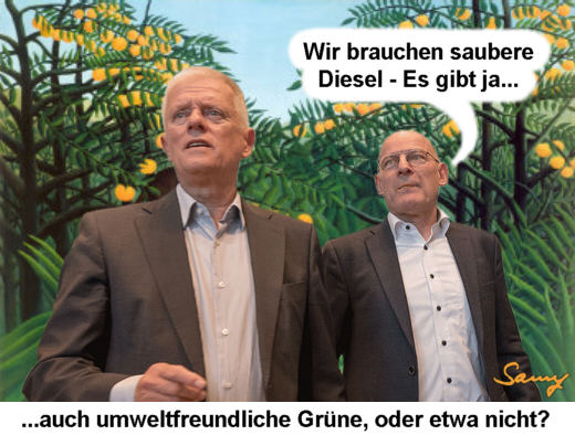 Winfried Hermann, saubere Diesel und umweltfreundliche Grne - Karikatur: Samy - Creative-Commons-Lizenz Namensnennung Nicht-Kommerziell 3.0