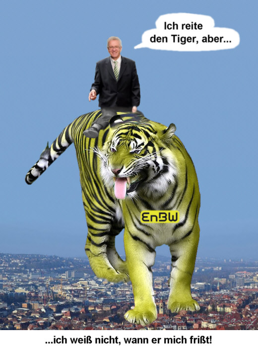 Kretschmann reitet den Tiger - Karikatur: Samy