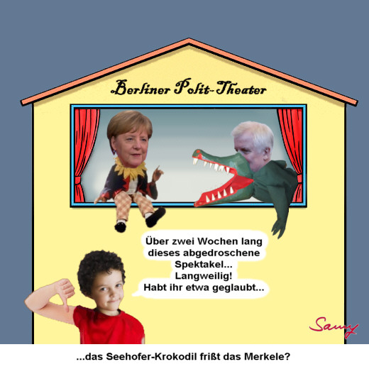 Fritzle kommentiert das Merkel-Seehofer-Kasperletheater - Karikatur: Samy - Creative-Commons-Lizenz Namensnennung Nicht-Kommerziell 3.0