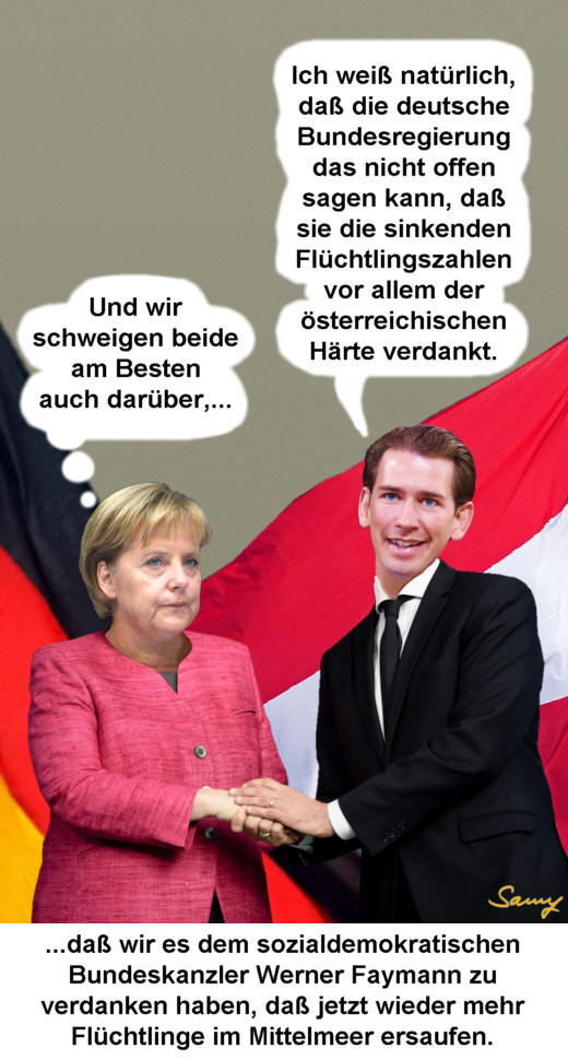 Merkel und Kurz: Einvernehmliches Stillschweigen - Karikatur: Samy - Creative-Commons-Lizenz Namensnennung Nicht-Kommerziell 3.0