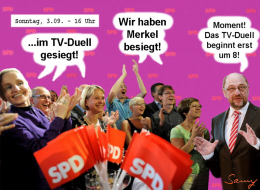 SPD erklrt Schulz zum TV-Duell-Sieger - Karikatur: Samy - Creative-Commons-Lizenz Namensnennung Nicht-Kommerziell 3.0