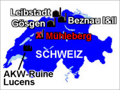 Karte Schweizer Atomkraftwerke - Grafik: Samy - Creative-Commons-Lizenz Namensnennung Nicht-Kommerziell 3.0